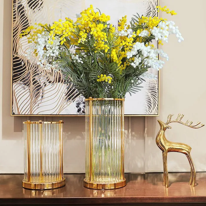 Lọ Hoa Thủy Tinh Decor Trong Suốt Khung Kim Loại Vàng