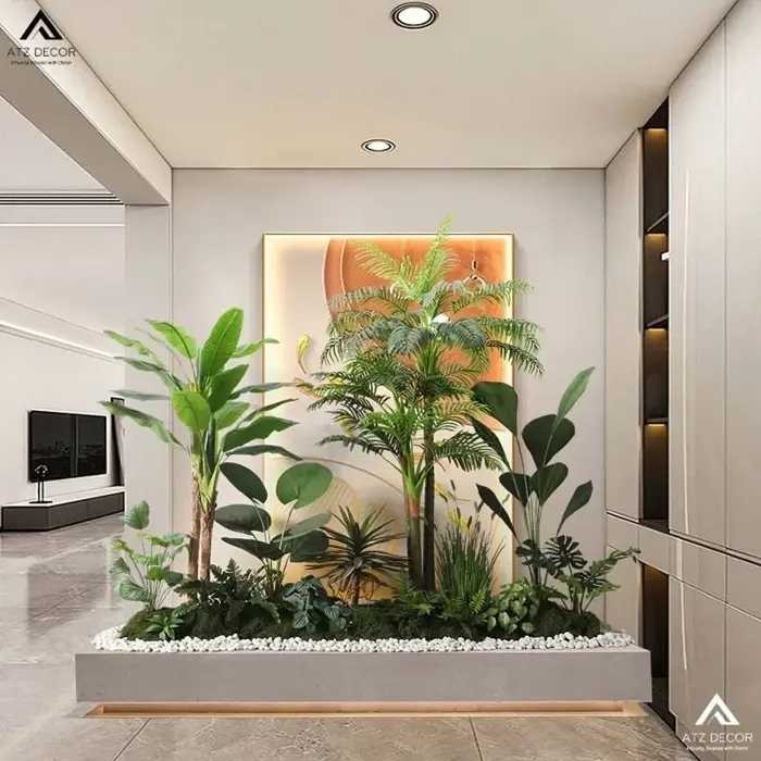 Tiểu cảnh cây giả phòng khách đẹp như thật, decor hiện đại