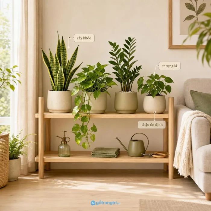 Kệ cây phong thủy cho phòng khách nhỏ: xanh nhà, gọn lối đi, dễ chăm lâu -  Gỗ Trang Trí