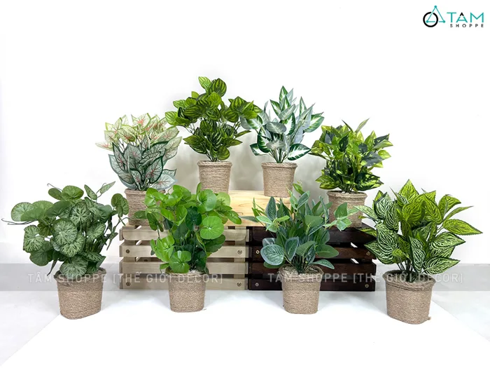Chậu cây xanh giả 14 nhánh chậu thừng cao 35cm CHAUCAYGIA-15