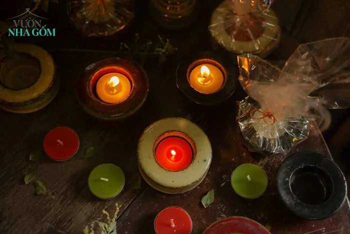 Chân nến Tealight, đế nến, men màu hỏa biến, nung lò củi, số lượng lớn, R8cm