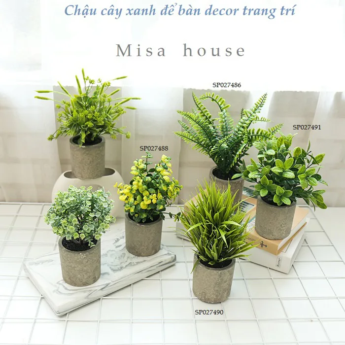 Chậu cây xanh giả nhỏ xám để bàn mini trang trí tủ kệ nhà văn phòng cửa  hàng - Misa House