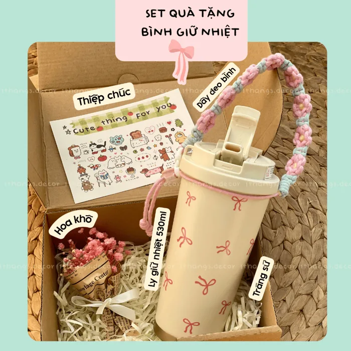Bình Giữ Nhiệt Decor Cute 400–530ml | Hộp Quà Tặng Gói Sẵn Full Phụ Kiện  |Tặng Bạn Gái, Cô giáo