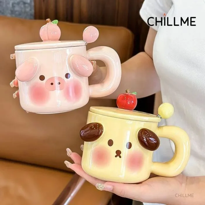 Cốc sứ uống nước có nắp Chillme hình heo và cún dễ thương đáng iu cute phù  hợp quà tặng decor
