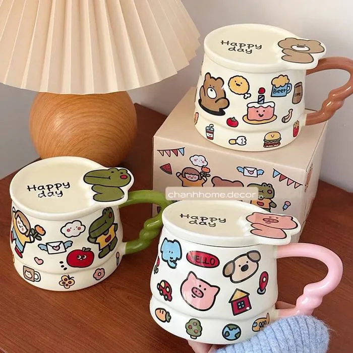 Cốc sứ uống nước hoạ tiết Happy Day 350ml kèm nắp và hộp, cốc sứ tay c –  chanhhhome.decor