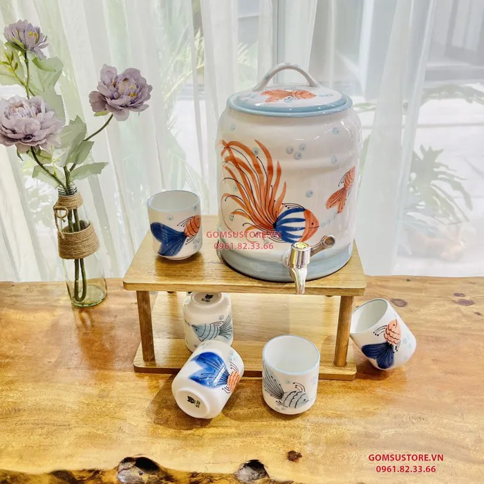 Bình Nước Dáng Trụ, Bộ Bình Đựng Nước Hoạ Tiết Vẽ Tay Đàn Cá Decor Dễ  Thương Cốc Uống Nước Sứ Bát Tràng