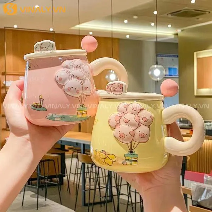 CỐC SỨ HÌNH CUTE KÈM NẮP VÀ MUỖNG - Vinaly.vn