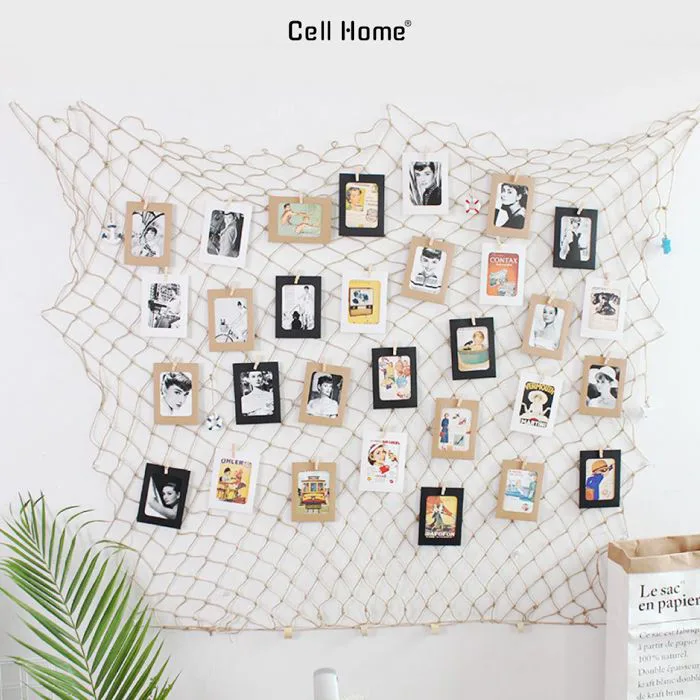 Lưới dây thừng trang trí treo ảnh kèm khung ảnh giấy và kẹp gỗ decor tường