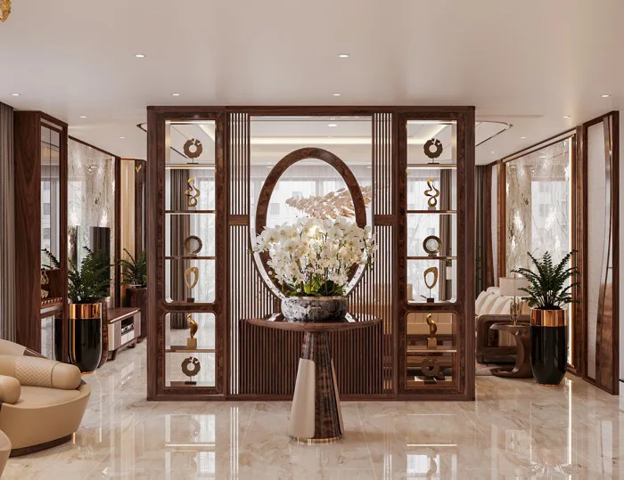Tủ vách ngăn phòng khách khung veneer nu hình oval kèm kệ trang trí 6 tầng  viền vàng đồng