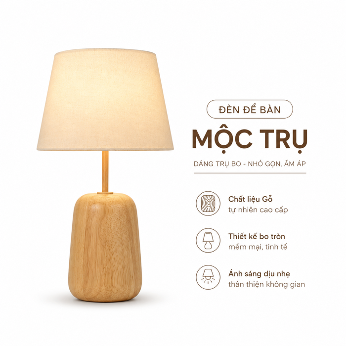 Đèn bàn gỗ chao vải dáng bo tròn decor phòng ngủ, căn hộ hiện đại