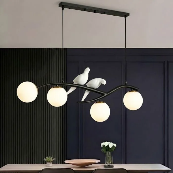 Đèn thả decor - thiết kế ngang, song điêu trắng phối quả cầu thủy tinh  TDC-157