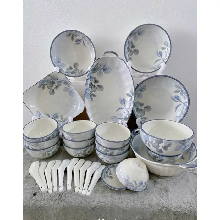 Sét bát đĩa gốm sứ decor hoa văn hoạ tiết diệp hồng cao cấp , sét 31 chi  tiết