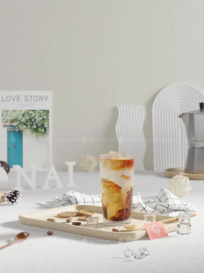 Concept chụp Cà phê sữa với Khay gỗ, Khay thạch cao gợn sóng,... (MG-001-G)  - Nai Decor