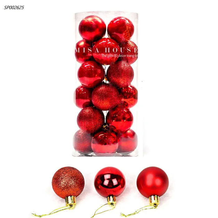 Hộp 24 trái châu màu đỏ trang trí cây thông noel - quả bóng tròn giáng sinh  - Misa House