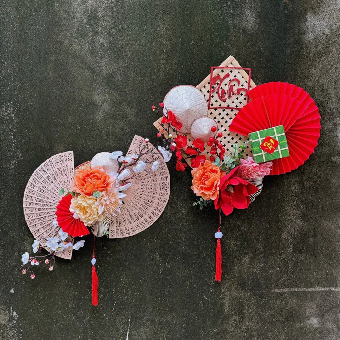 2 Bộ Đồ Decor Tre Kết hợp Quạt Trang Trí Tết Treo Tường Đẹp -