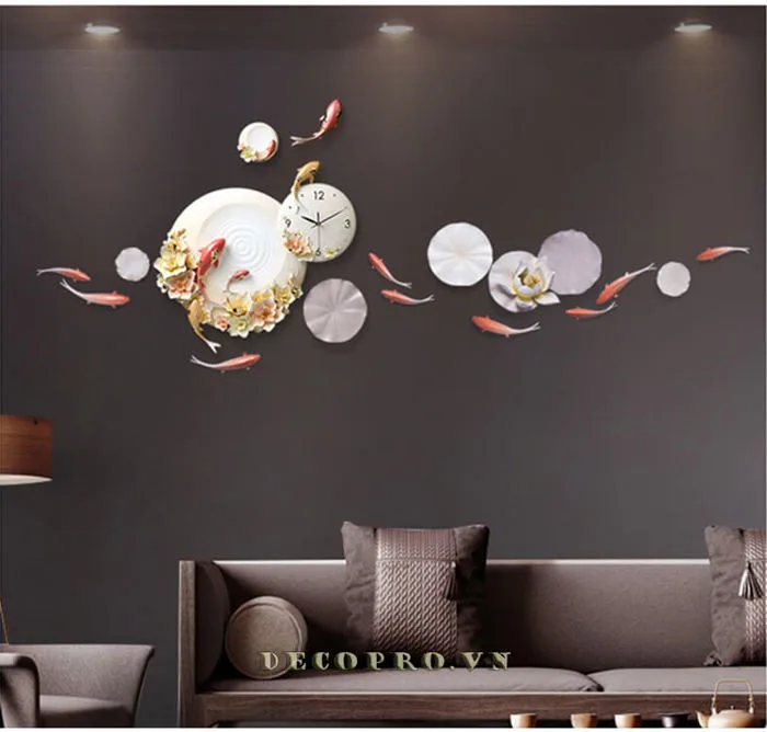 Decor treo tường đồng hồ cá chép vượt vũ môn TTT004