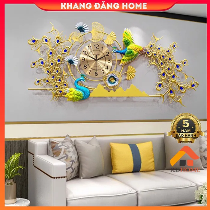 Đồng hồ treo tường trang trí, đồng hồ decor treo tường đôi chim công KD2929