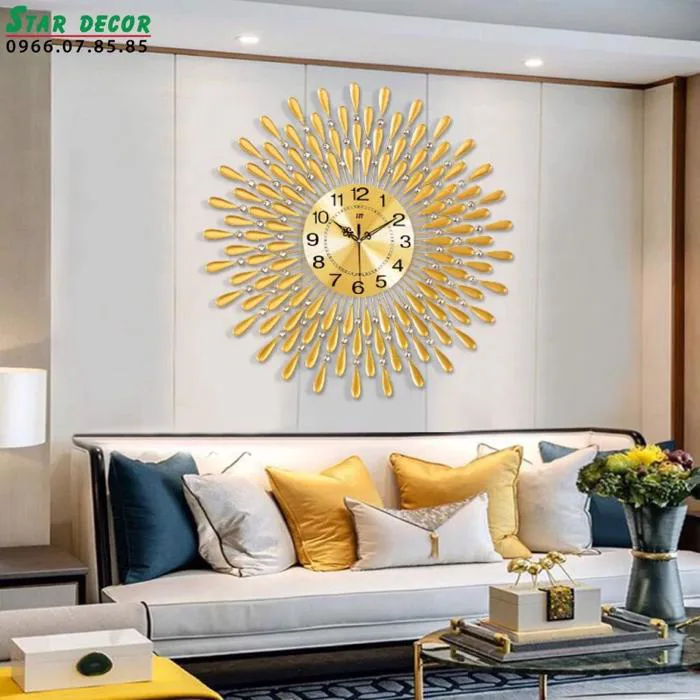 Decor đồng hồ trang trí phòng khách toả tia vàng giọt nước VLDCDH-011