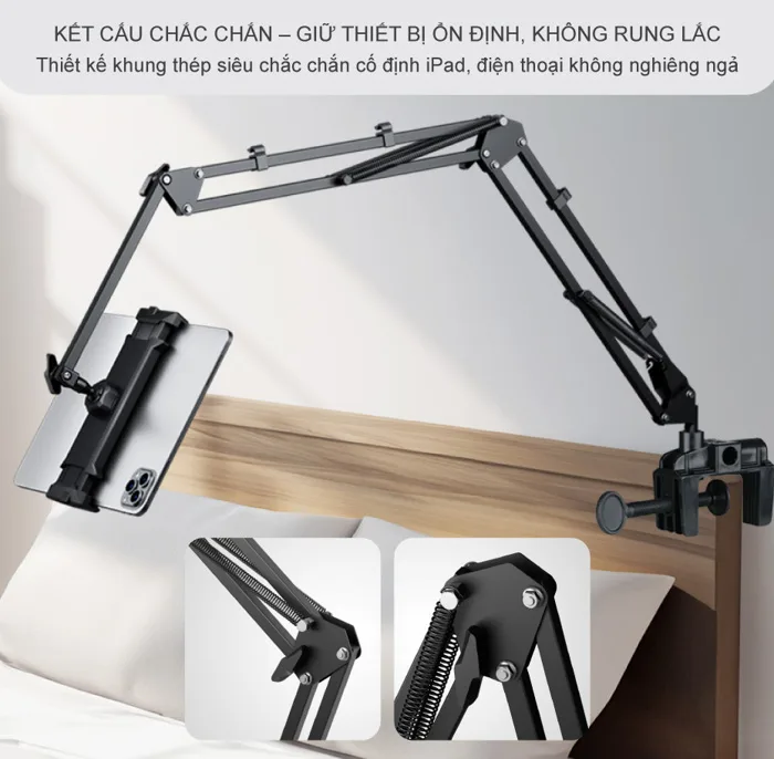 Giá đỡ iPad, máy tính bảng, điện thoại gắn bàn, đầu giường đa năng xoay 360  độ gập chắc chắn