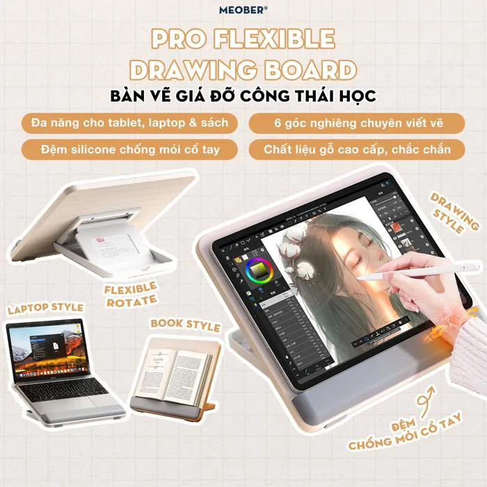 [Pro Drawing Board] Bàn vẽ kiêm giá đỡ công thái học, đệm tay chống mỏi,  tăng chỉnh độ cao cho Tablet, Sách, Laptop by meober