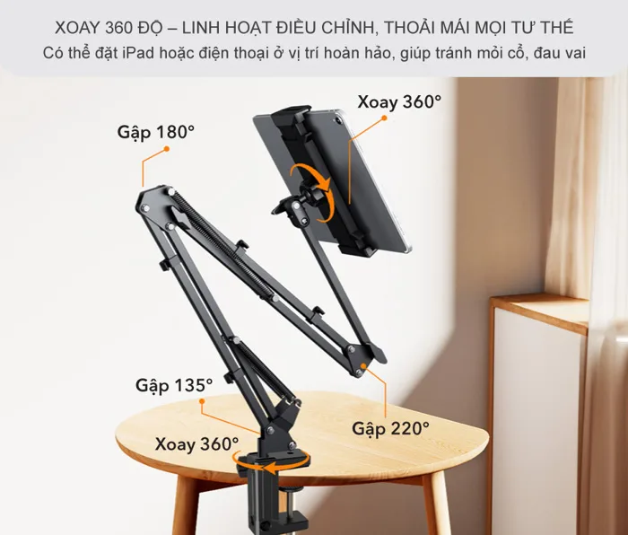 Giá đỡ iPad, máy tính bảng, điện thoại gắn bàn, đầu giường đa năng xoay 360  độ gập chắc chắn