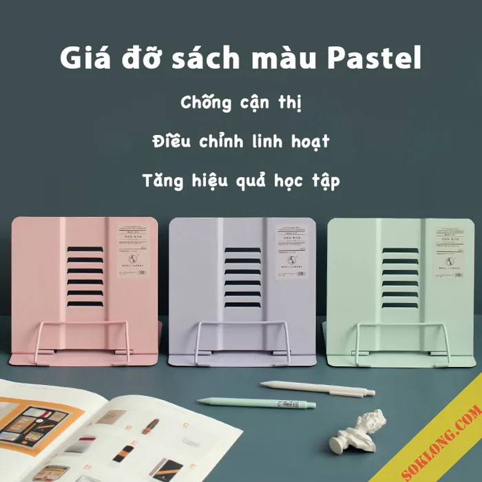Giá đỡ, kẹp sách kim loại Pastel chống cận thị, trang trí bàn học K30 – Sổ  Klong
