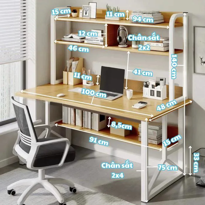 Bàn Học, Bàn Làm Việc Nội Thất 5C Kèm Giá Sách, Chân Sắt Sơn Tĩnh Điện  20x40mm, 25x25mm, Mặt Gỗ MDF Dày 15mm Hiện Đại BH-097