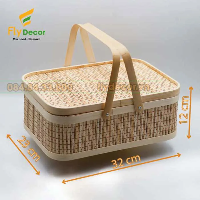 Giỏ đựng đồ mây tre chữ nhật có nắp, giỏ Picnic FGM1T