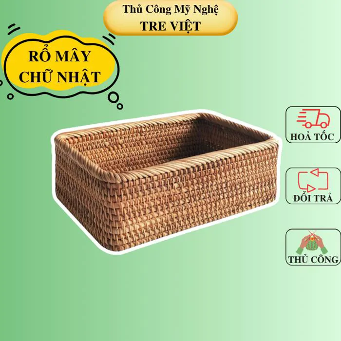 Giỏ mây chữ nhật đựng đồ - Rổ mây đựng mỹ phẩm để bàn, decor chụp ảnh sản  phẩm
