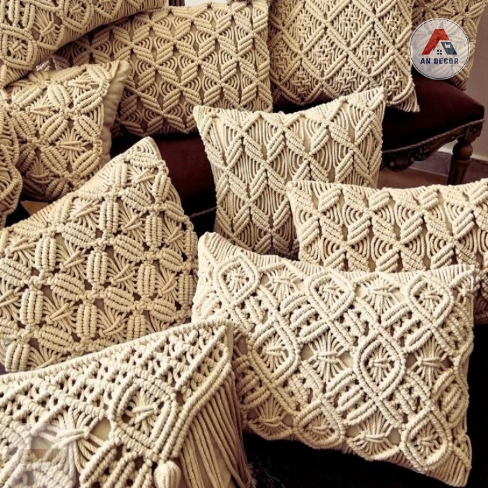 Gối Macrame, Gối Decor thắt hoạ tiết đan tay thủ công phong cách boho -  Bình An decor -Võng, xich đu macrame