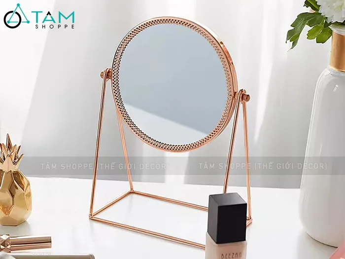 Gương tròn để bàn đế kim loại chữ A màu rose gold [ĐK15cm - chuẩn đẹp] GUONG -01