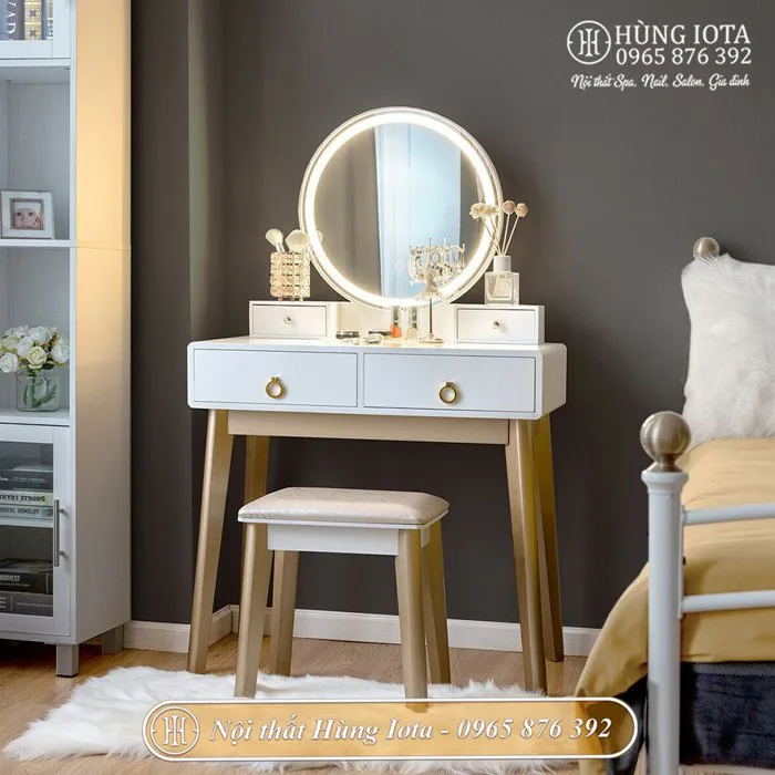 Bàn trang điểm decor gương tròn có đèn độc đáo ấn tượng BTD06