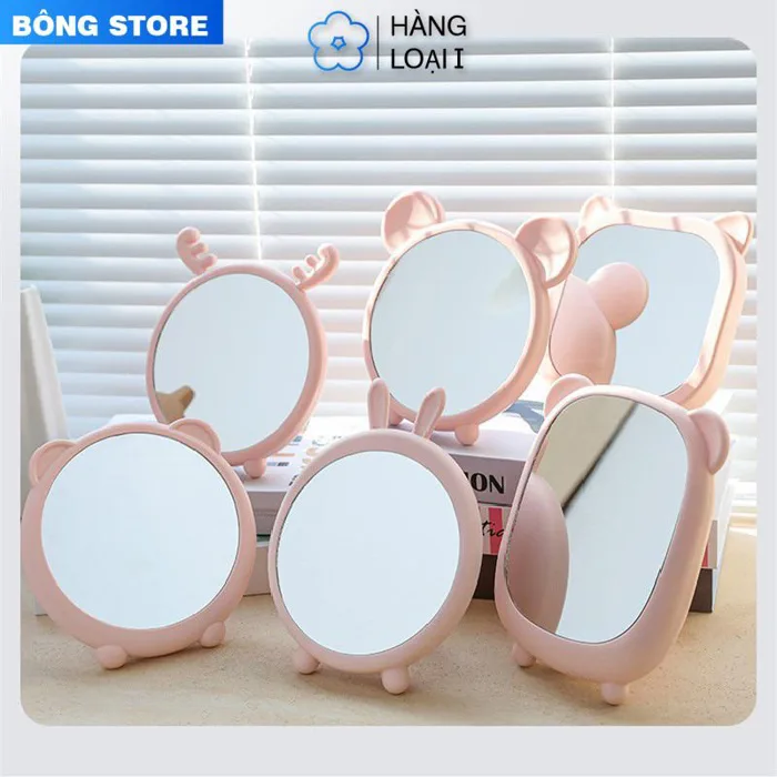 Gương để bàn màu hồng bằng nhựa để bàn trang điểm tai gấu decor phòng ngủ  dễ thương