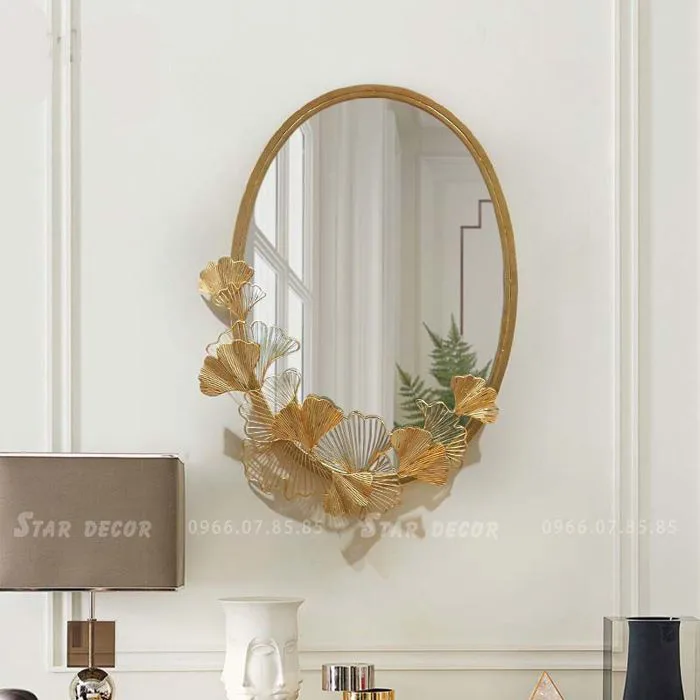 Decor gương trang trí phòng khách phủ hoa lá vàng ML_219