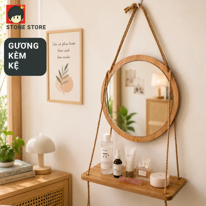 Combo Gương Tròn Và Kệ Treo Tường 28/33cm - Gương Decor Khung Gỗ, Soi Rõ  Nét, Phù Hợp Phòng Ngủ