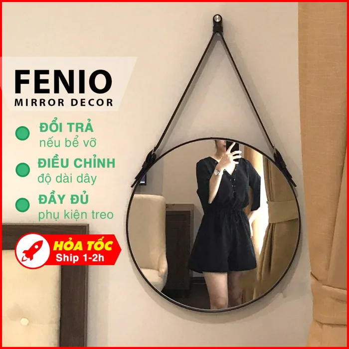 Gương dây da trang điểm, gương tròn decor sang trọng, gương treo tường  trang trí - Đường kính 40cm 50cm 60cm