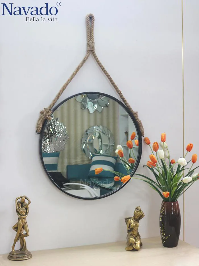Gương tròn decor treo dây thừng độc đáo D600mm