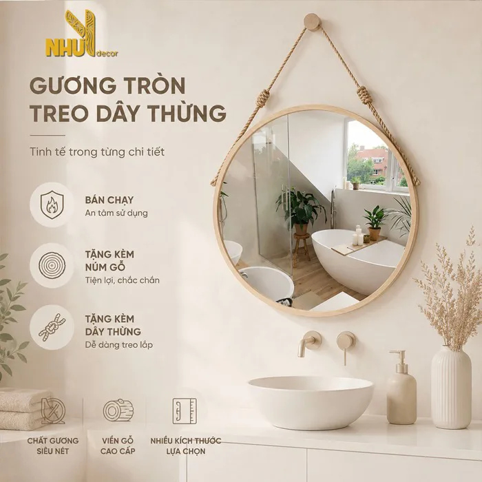 Gương Tròn Treo Tường Viền Gỗ Nhu Y Decor nhiều kích thước , Gương Soi  Decor Phòng Ngủ Nhà Tắm