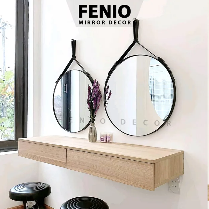 Gương dây da trang điểm, gương tròn decor sang trọng, gương treo tường  trang trí - Đường kính 40cm 50cm 60cm