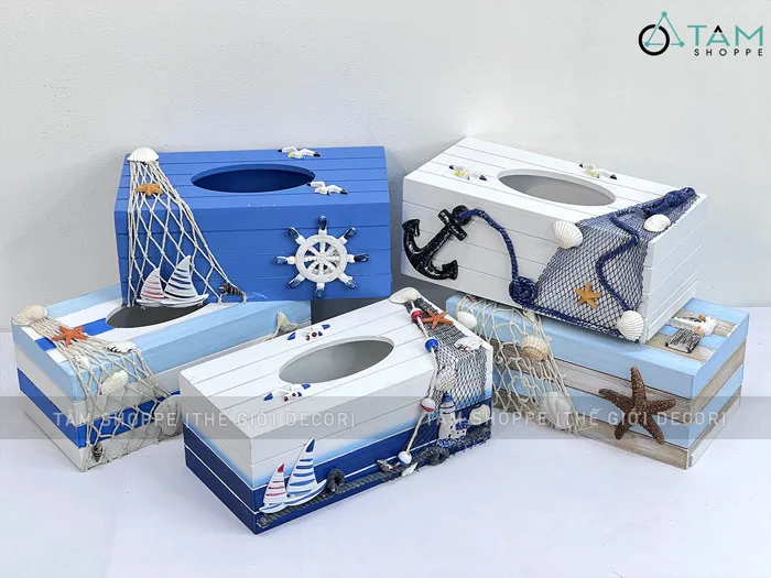 Hộp đựng khăn giấy gỗ sọc chủ đề biển [Handmade - Nhiều kiểu] HOPKHANGIAY-01
