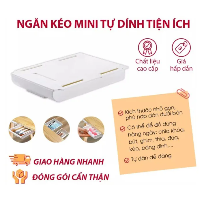 Ngăn kéo mini dưới bàn, ngăn kéo bí mật tự dính dùng để đựng hộp đựng bút,  đồ dùng cá nhân, gắn dưới bàn tự dính