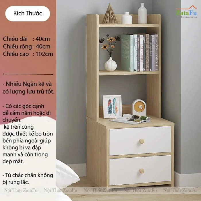 Tủ Đầu Giường Decor Nội Thất Phòng Ngủ 2 Ngăn Kéo Kèm Kệ Sách TDG-34 |  ZataFu