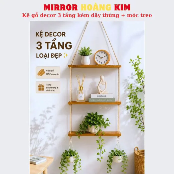 Kê gỗ treo dây thừng decor, Kệ gỗ treo tường trang trí phòng kèm phụ kiện  giá rẻ tại xưởng guonghoangkim.officia