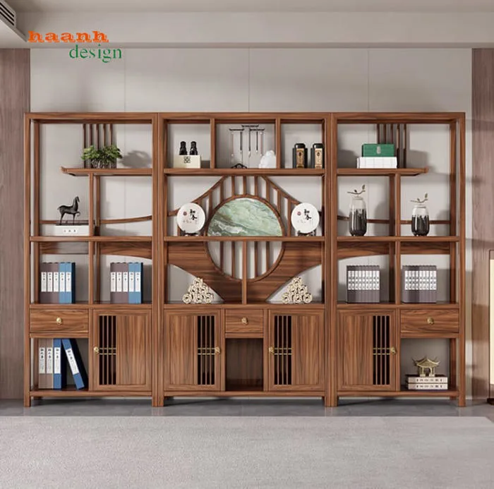 Tủ kệ gỗ trang trí phòng khách đẹp – Mẫu kệ gỗ Á Đông sang trọng