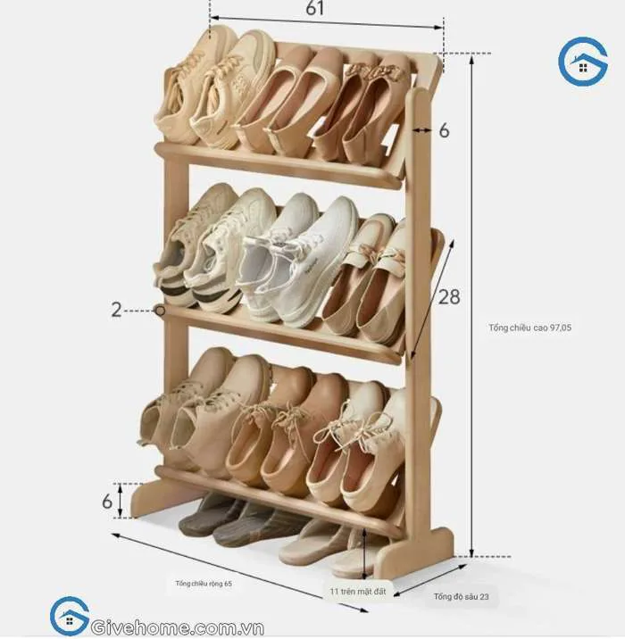 Kệ giày dép gỗ tự nhiên 3 tầng