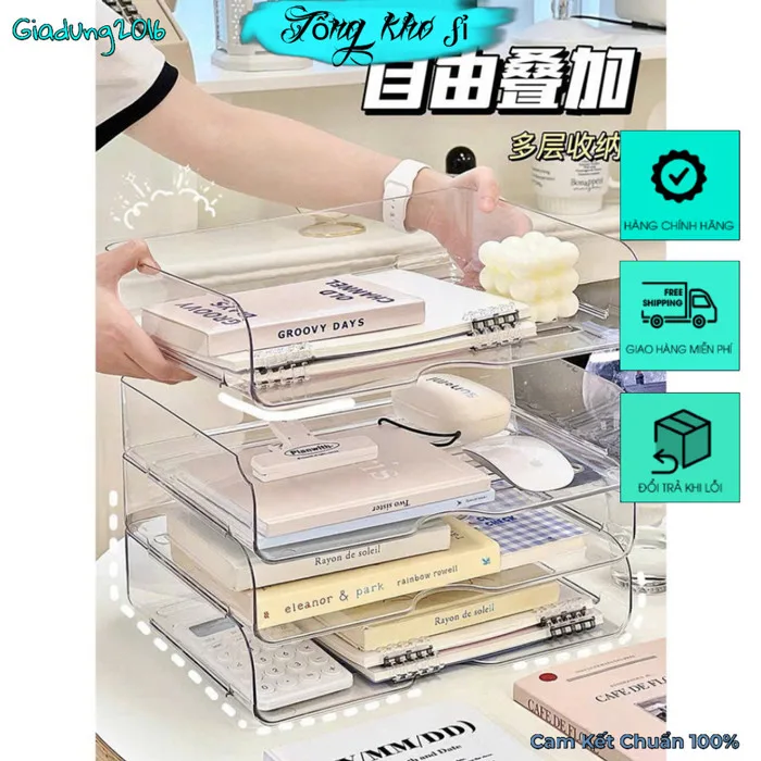 Khay nhựa trong suốt kệ đựng tài liệu a4 văn phòng xinh xắn đựng sách để  bàn decor bàn học,bàn làm việc (Tuyển Sỉ)