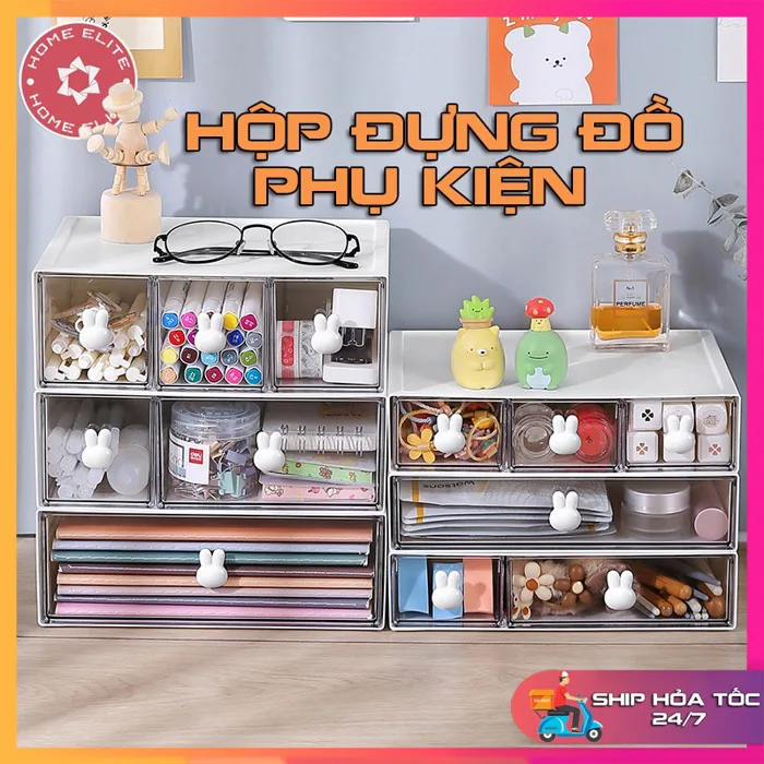 Kệ Đựng Đồ Hình Thỏ Ngăn Kéo Chất Liệu Nhựa Mica Trong Suốt,Kệ Đựng Đồ Đa  Năng Để Bàn Decor Bàn Học Bàn Làm Việc