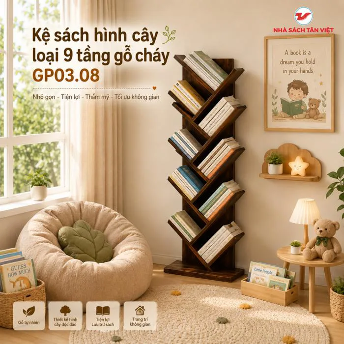 Kệ Sách Hình Cây Loại 9 Tầng Gỗ Cháy GP03.08 - Decor Phòng Khách, Góc Đọc