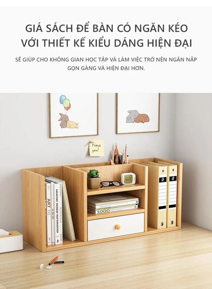 Kệ Sách Để Bàn Có 4 Ngăn Tủ, 1 Hộc Tủ Nhỏ Gọn - Nội Thất IGA - GP258
