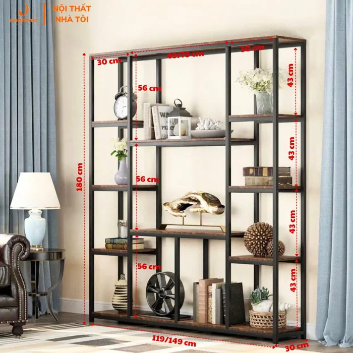 Kệ gỗ khung sắt trang trí, decor phòng khách, phòng ngủ, phòng làm việc,  vách ngăn VNH-548